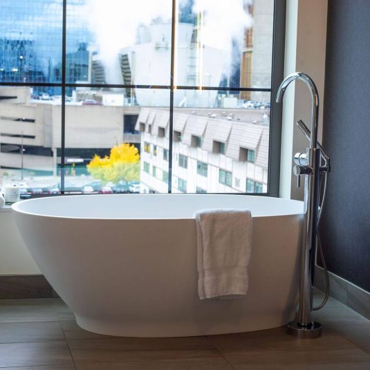 Bath tub in window of Elliot Park Hotel, Autograph Collection