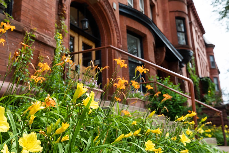 Yellow daylilies grow in front of a red brick building with arched windows and wooden double doors.