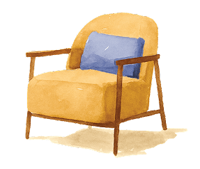 Illustration of a yellow armchair with wooden legs and armrests, featuring a blue cushion on the seat.