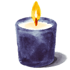 A lit blue candle in a round holder with a visible flame against a light background.