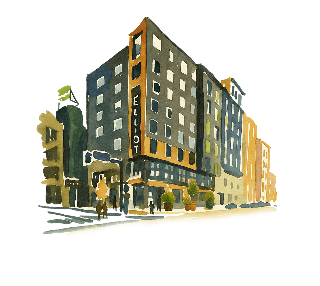 Watercolor illustration of a city street corner with a mid-rise hotel labeled Elliot and several pedestrians near the entrance.
