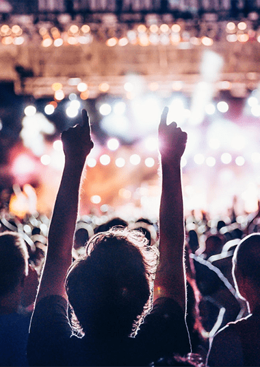 A crowd at a concert with a person in the foreground raising both arms, colorful stage lights in the background.