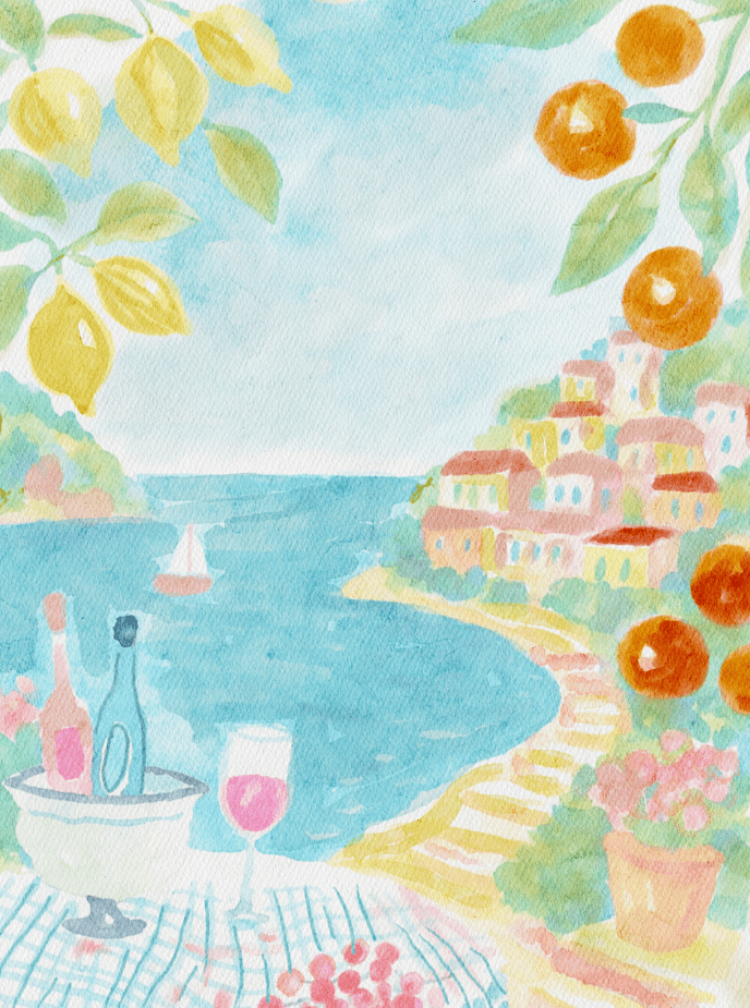 A watercolor painting of a coastal village with colorful houses, lemon and orange trees, a picnic setup with wine, and a sailboat on the blue sea under a bright sky.